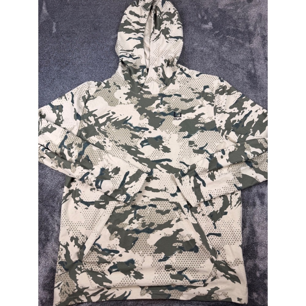 Huk Mens Camo Performance Hoodie Green Tan Camouflage Fishing Pullover Small